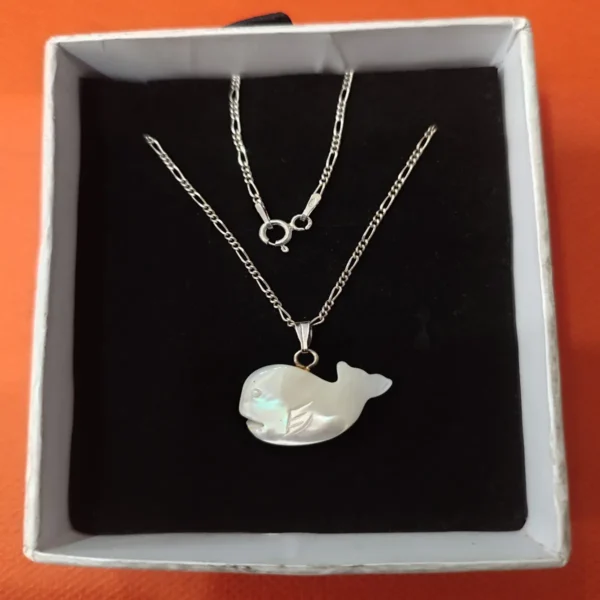 Full view of sterling silver 925 chain with mother of pearl fish pendant
