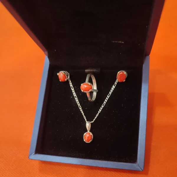 Handmade silver jewellery set with natural Marjan red coral stones