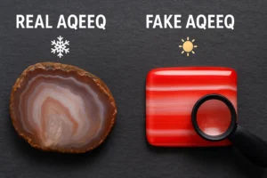 A jeweler's loupe magnifying a fake stone, revealing tiny trapped air bubbles within the glass or resin material.