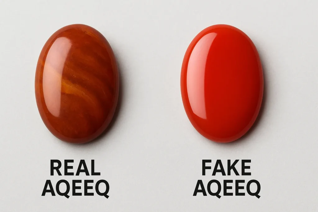 Side-by-side comparison of genuine Aqeeq stone and fake Aqeeq stone, showing natural bands versus perfect stripes.